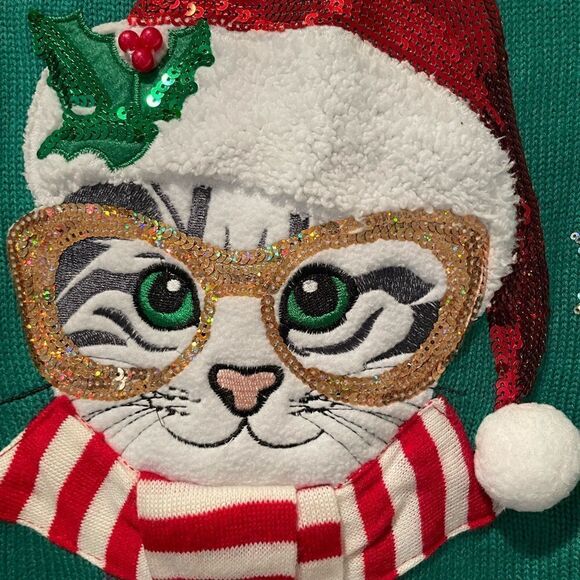 Christmas Sweater Santa Cat Size Medium Petite - Picture 1 of 9